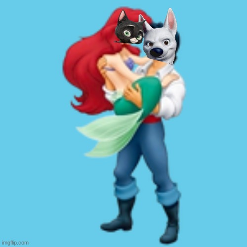 bolt and mittens as eric and ariel | image tagged in disney,dogs,cats,romance,cosplay | made w/ Imgflip meme maker