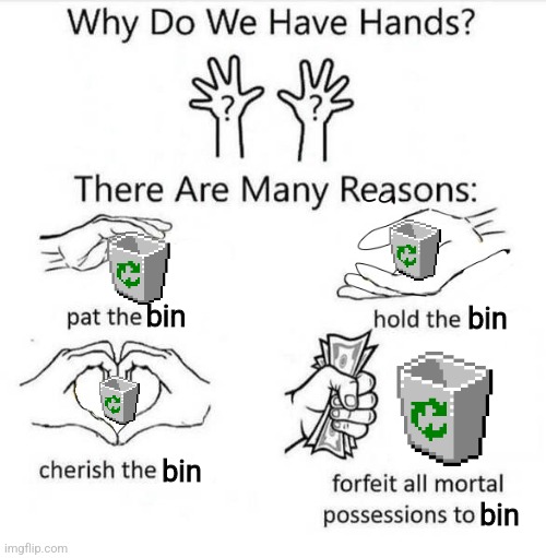 :D | bin; bin; bin; bin | image tagged in why do we have hands | made w/ Imgflip meme maker