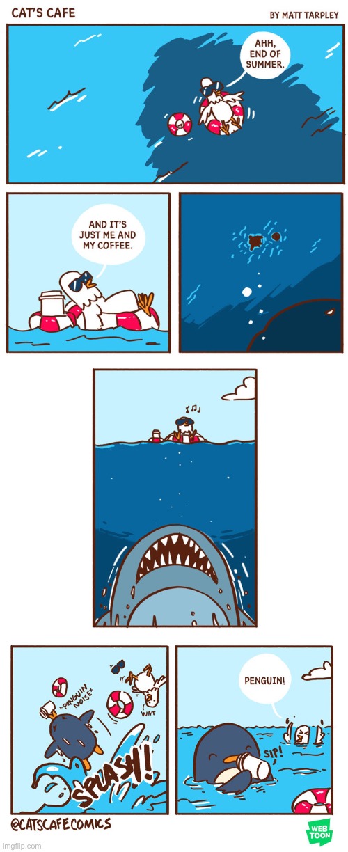 This comic is end of summer, but who cares | image tagged in duck,summer,coffee,penguin | made w/ Imgflip meme maker
