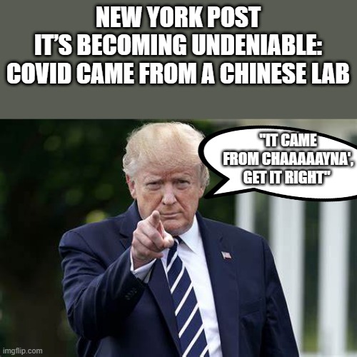 Chaaaaayna .. Trumps right again. | NEW YORK POST
IT’S BECOMING UNDENIABLE: COVID CAME FROM A CHINESE LAB; "IT CAME FROM CHAAAAAYNA', GET IT RIGHT" | image tagged in democrats,traitors,nwo | made w/ Imgflip meme maker