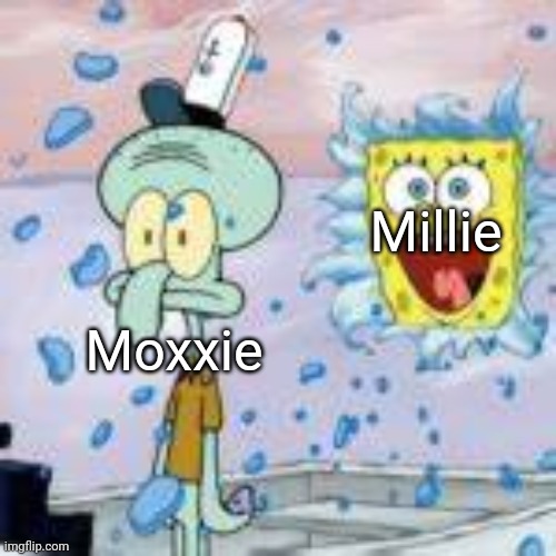Helluva meme 2 | Millie; Moxxie | image tagged in spongebob bursting through wall,helluva boss | made w/ Imgflip meme maker