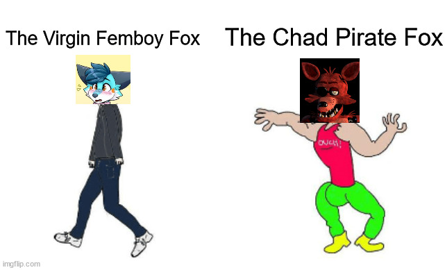 I honestly think people with Fox Fursonas should be more aligned with pirates, like Foxy. | The Chad Pirate Fox; The Virgin Femboy Fox | image tagged in virgin vs chad,furry,fnaf | made w/ Imgflip meme maker