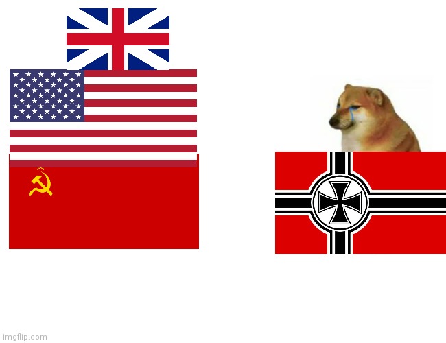 Usa and Ussr+ a small uk vs No No germans | image tagged in memes,buff doge vs cheems | made w/ Imgflip meme maker