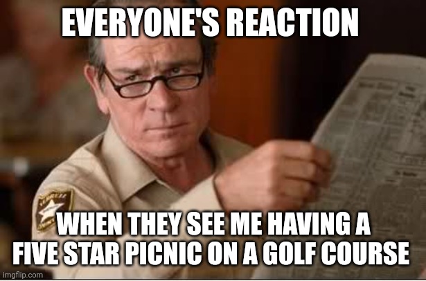 If I want to have a picnic on a golf course, I'll have a picnic on a golf course!!! | EVERYONE'S REACTION; WHEN THEY SEE ME HAVING A FIVE STAR PICNIC ON A GOLF COURSE | image tagged in are you stupid | made w/ Imgflip meme maker