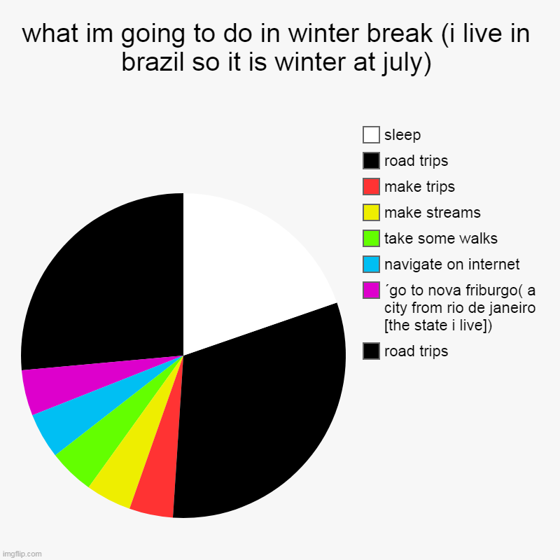 what im going to do in winter break (i live in brazil so it is winter at july) | road trips, ´go to nova friburgo( a city from rio de janeir | image tagged in charts,pie charts | made w/ Imgflip chart maker