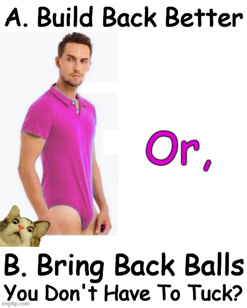 Liberals vs Conservatives | A. Build Back Better; Or, B. Bring Back Balls; You Don't Have To Tuck? | image tagged in politics,liberals vs conservatives,men,difference between men and women,identity crisis,political humor | made w/ Imgflip meme maker