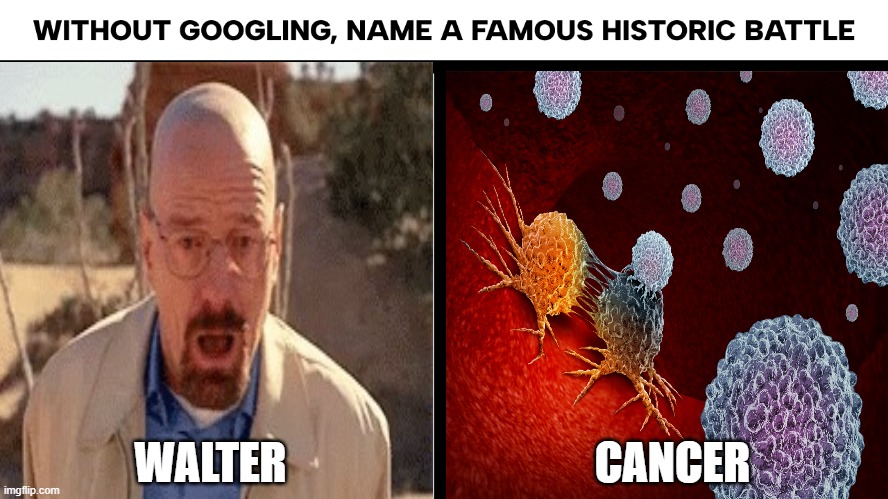 Without Googling, Name a Famous Historic Battle | WALTER; CANCER | image tagged in without googling name a famous historic battle | made w/ Imgflip meme maker