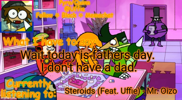 uffie's boxmore temp | Wait today is fathers day. 
I don't have a dad. Steroids (Feat. Uffie) - Mr. Oizo | image tagged in uffie's boxmore temp | made w/ Imgflip meme maker