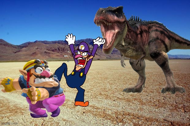 Wario and Waluigi dies by a tarbosaurus in  a desert.mp3 | image tagged in wario dies,wario,waluigi,jurassic park,jurassic world,dinosaur | made w/ Imgflip meme maker