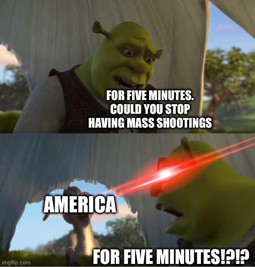 Shrek For Five Minutes | FOR FIVE MINUTES. COULD YOU STOP HAVING MASS SHOOTINGS; AMERICA; FOR FIVE MINUTES!?!? | image tagged in shrek for five minutes,memes,america,shooting | made w/ Imgflip meme maker