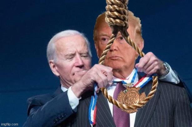 Trump visits Biden | image tagged in joe biden,donald trump,medal,rope noose award,maga,justice | made w/ Imgflip meme maker