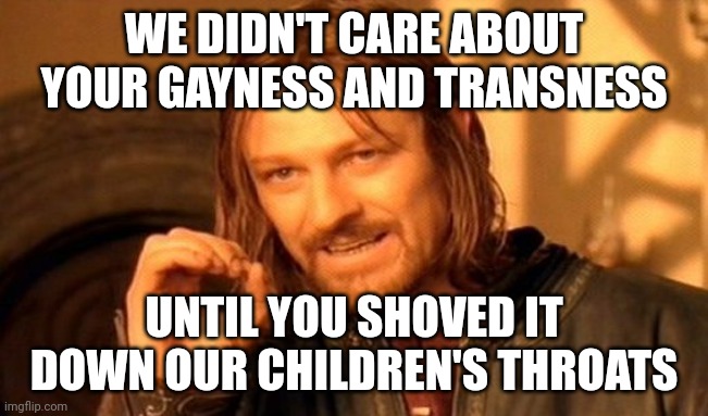 You claim were obsessed about your sexuality. We aren't the ones shoving it down our throats. | WE DIDN'T CARE ABOUT YOUR GAYNESS AND TRANSNESS; UNTIL YOU SHOVED IT DOWN OUR CHILDREN'S THROATS | image tagged in memes,one does not simply | made w/ Imgflip meme maker