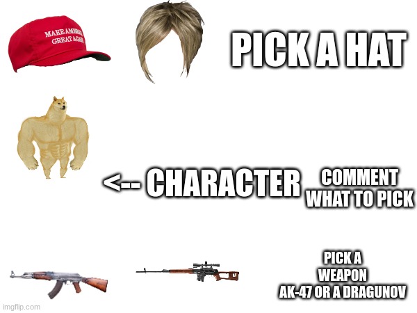 Which one | PICK A HAT; <-- CHARACTER; COMMENT WHAT TO PICK; PICK A WEAPON
AK-47 OR A DRAGUNOV | image tagged in blank white template | made w/ Imgflip meme maker