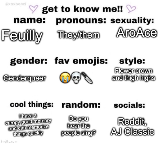 don’t judge me | They/them; AroAce; Feuilly; Flower crown and thigh highs; 😭💀🔪; Genderqueer; Reddit, AJ Classic; I have a creepy good memory and can memorize things quickly; Do you hear the people sing? | image tagged in get to know me | made w/ Imgflip meme maker