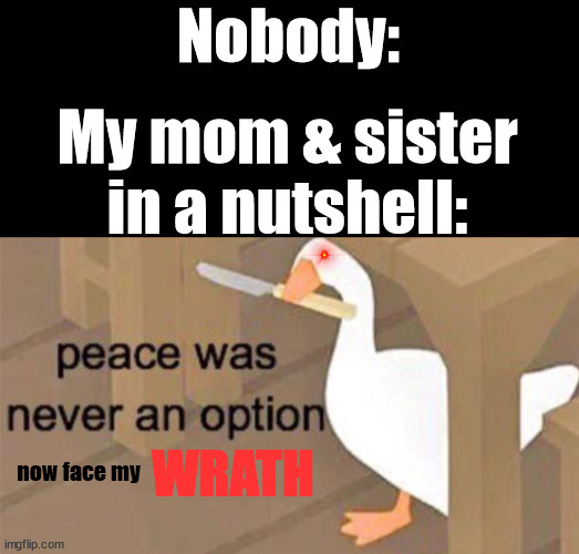 Say e in comments if this is relatable with any of your siblings | Nobody:; My mom & sister in a nutshell:; WRATH; now face my | image tagged in untitled goose peace was never an option,relatable,relatable memes,wrath | made w/ Imgflip meme maker