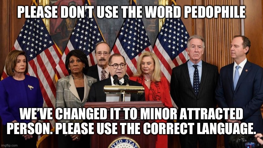 House Democrats | PLEASE DON’T USE THE WORD PEDOPHILE WE’VE CHANGED IT TO MINOR ATTRACTED PERSON. PLEASE USE THE CORRECT LANGUAGE. | image tagged in house democrats | made w/ Imgflip meme maker