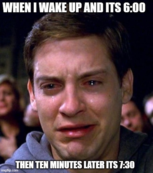 sad time meme | WHEN I WAKE UP AND ITS 6:00; THEN TEN MINUTES LATER ITS 7:30 | image tagged in crying peter parker | made w/ Imgflip meme maker