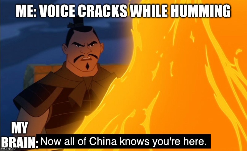 I swear, every time. | ME: VOICE CRACKS WHILE HUMMING; MY BRAIN: | image tagged in now all of china knows you're here,relatable,singing | made w/ Imgflip meme maker