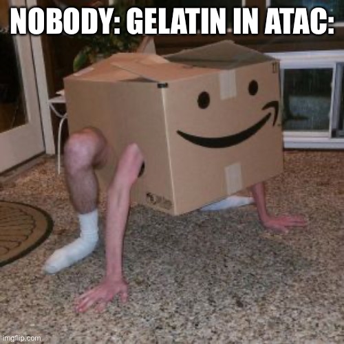 Idk lmao | NOBODY: GELATIN IN ATAC: | image tagged in amazon box guy,fireafy,bfb | made w/ Imgflip meme maker