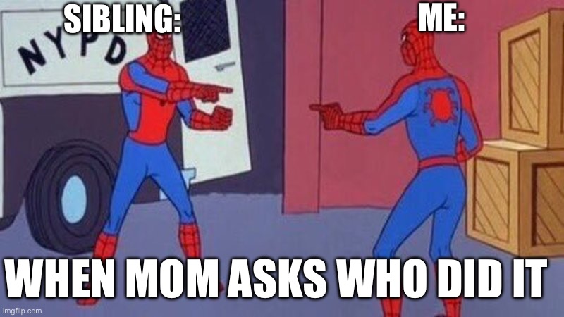 spiderman pointing at spiderman | ME:; SIBLING:; WHEN MOM ASKS WHO DID IT | image tagged in spiderman pointing at spiderman | made w/ Imgflip meme maker