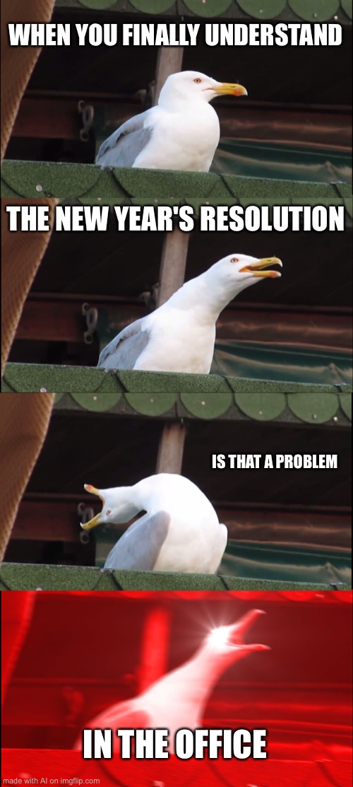 Mad seagull | WHEN YOU FINALLY UNDERSTAND; THE NEW YEAR'S RESOLUTION; IS THAT A PROBLEM; IN THE OFFICE | image tagged in memes,inhaling seagull,new year | made w/ Imgflip meme maker