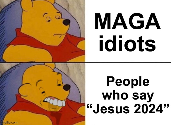 Hate it when the theocratic right-wingers say this, imagine a fictional character being POTUS… | MAGA idiots; People who say “Jesus 2024” | image tagged in winnie the pooh ok to worst | made w/ Imgflip meme maker