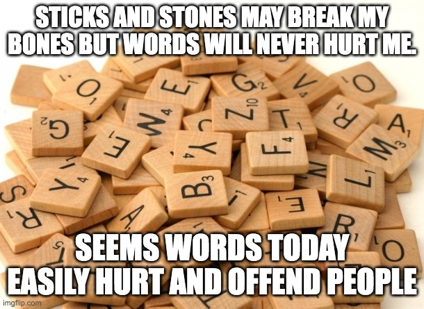 Sticks and Stones may break my bones | STICKS AND STONES MAY BREAK MY BONES BUT WORDS WILL NEVER HURT ME. SEEMS WORDS TODAY EASILY HURT AND OFFEND PEOPLE | image tagged in scrabble letters | made w/ Imgflip meme maker