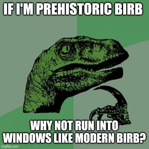 Why don't velociraptors run into windows??? | IF I'M PREHISTORIC BIRB; WHY NOT RUN INTO WINDOWS LIKE MODERN BIRB? | image tagged in memes,philosoraptor,jurassic park,jurassicparkfan102504,jpfan102504 | made w/ Imgflip meme maker
