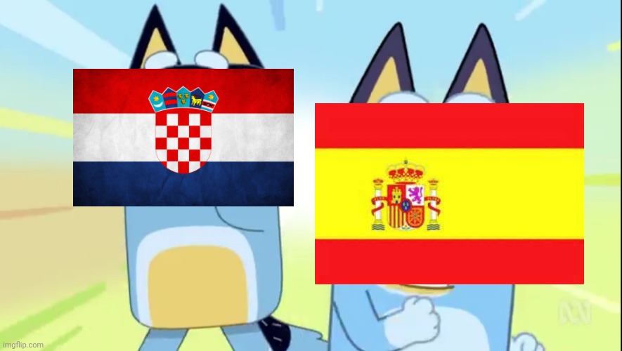 The 2023 Nations League final in a nutshell | image tagged in bluey and bandit obstacle course,soccer,nations league,spain,croatia | made w/ Imgflip meme maker