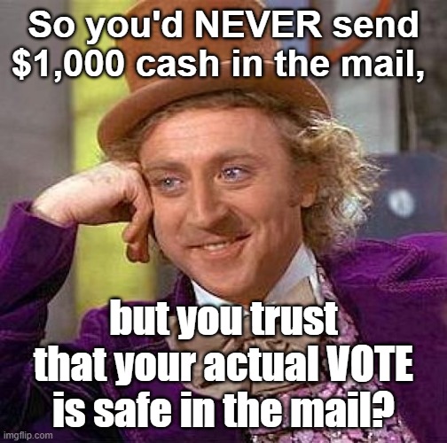 Creepy Condescending Wonka Meme | So you'd NEVER send $1,000 cash in the mail, but you trust that your actual VOTE is safe in the mail? | image tagged in memes,creepy condescending wonka | made w/ Imgflip meme maker