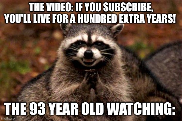 Evil Plotting Raccoon | THE VIDEO: IF YOU SUBSCRIBE, YOU'LL LIVE FOR A HUNDRED EXTRA YEARS! THE 93 YEAR OLD WATCHING: | image tagged in memes,evil plotting raccoon | made w/ Imgflip meme maker
