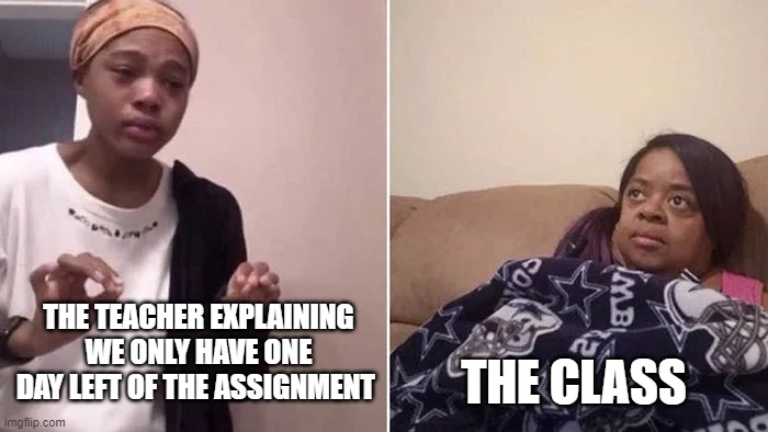 today in class | THE TEACHER EXPLAINING WE ONLY HAVE ONE DAY LEFT OF THE ASSIGNMENT; THE CLASS | image tagged in me explaining to my mom,funny,memes,fun,relatable,relatable memes | made w/ Imgflip meme maker