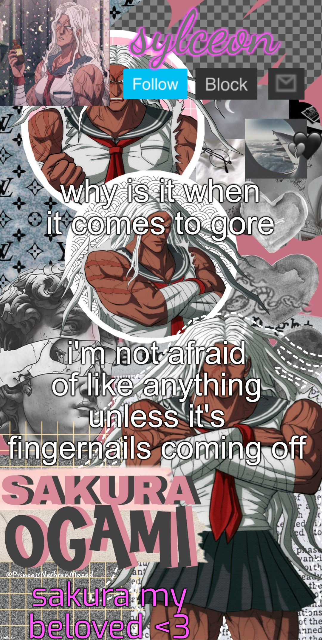 sylc's BETTER h template <3 | why is it when it comes to gore; i'm not afraid of like anything unless it's fingernails coming off | image tagged in sylc's better h template 3 | made w/ Imgflip meme maker