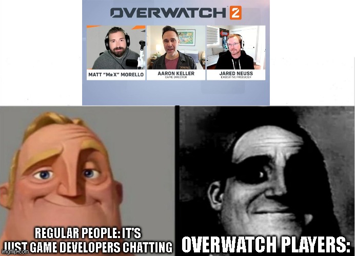 Thanks a lot Blizzard! | REGULAR PEOPLE: IT'S JUST GAME DEVELOPERS CHATTING; OVERWATCH PLAYERS: | image tagged in teacher's copy | made w/ Imgflip meme maker