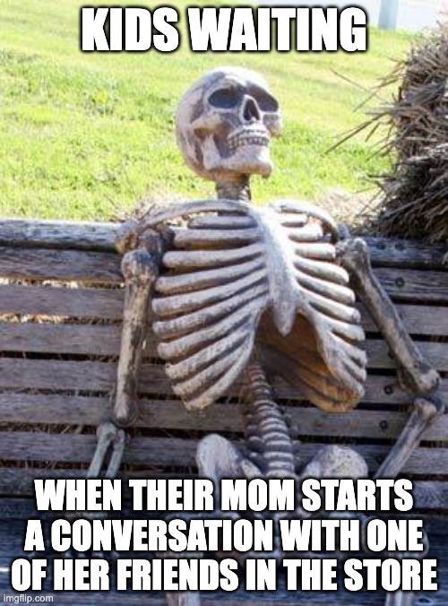 Waiting Skeleton | KIDS WAITING; WHEN THEIR MOM STARTS A CONVERSATION WITH ONE OF HER FRIENDS IN THE STORE | image tagged in memes,waiting skeleton,funny | made w/ Imgflip meme maker