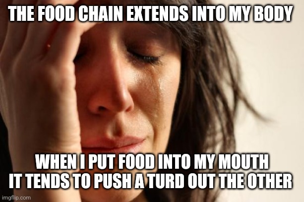 First World Problems Meme | THE FOOD CHAIN EXTENDS INTO MY BODY; WHEN I PUT FOOD INTO MY MOUTH IT TENDS TO PUSH A TURD OUT THE OTHER | image tagged in memes,first world problems | made w/ Imgflip meme maker