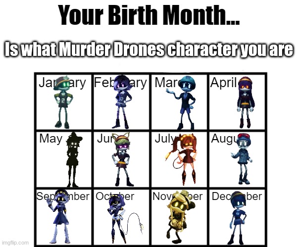 Birth Month Alignment Chart | Is what Murder Drones character you are | image tagged in birth month alignment chart | made w/ Imgflip meme maker