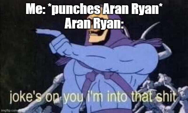 Jokes on you I'm into that shit | Me: *punches Aran Ryan*
Aran Ryan: | image tagged in jokes on you i'm into that shit | made w/ Imgflip meme maker