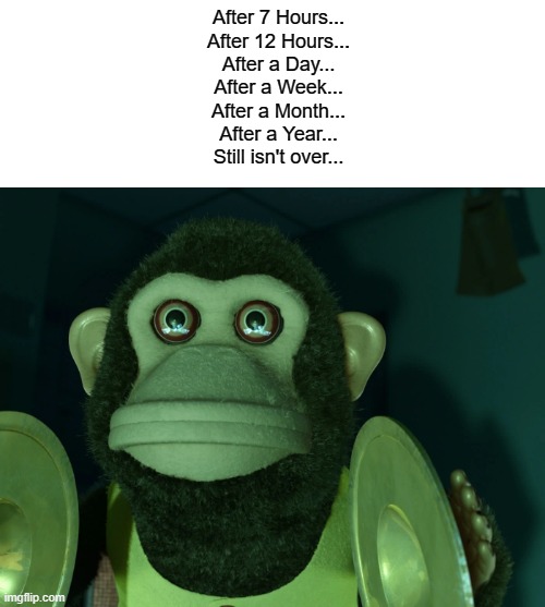 Toy Story Monkey | After 7 Hours...
After 12 Hours...
After a Day...
After a Week...
After a Month...
After a Year...
Still isn't over... | image tagged in toy story monkey | made w/ Imgflip meme maker