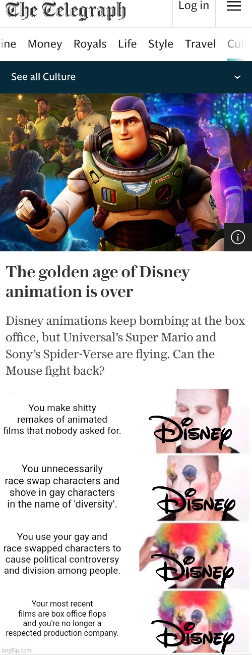 Disney is failing | You make shitty remakes of animated films that nobody asked for. You unnecessarily race swap characters and shove in gay characters in the name of 'diversity'. You use your gay and race swapped characters to cause political controversy and division among people. Your most recent films are box office flops and you're no longer a respected production company. | image tagged in memes,clown applying makeup,disney,movies,hollywood liberals | made w/ Imgflip meme maker