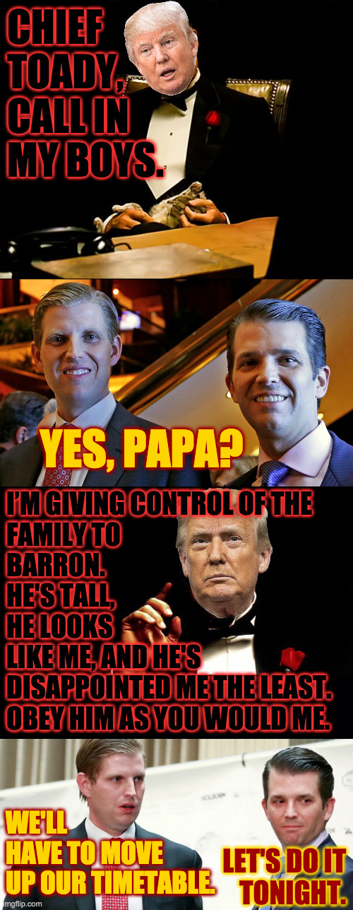 Business as usual. | I’M GIVING CONTROL OF THE
FAMILY TO
BARRON.
HE'S TALL,
HE LOOKS
LIKE ME, AND HE'S
DISAPPOINTED ME THE LEAST.
OBEY HIM AS YOU WOULD ME. WE'LL
HAVE TO MOVE
UP OUR TIMETABLE. LET'S DO IT
TONIGHT. | image tagged in memes,trump,family business | made w/ Imgflip meme maker