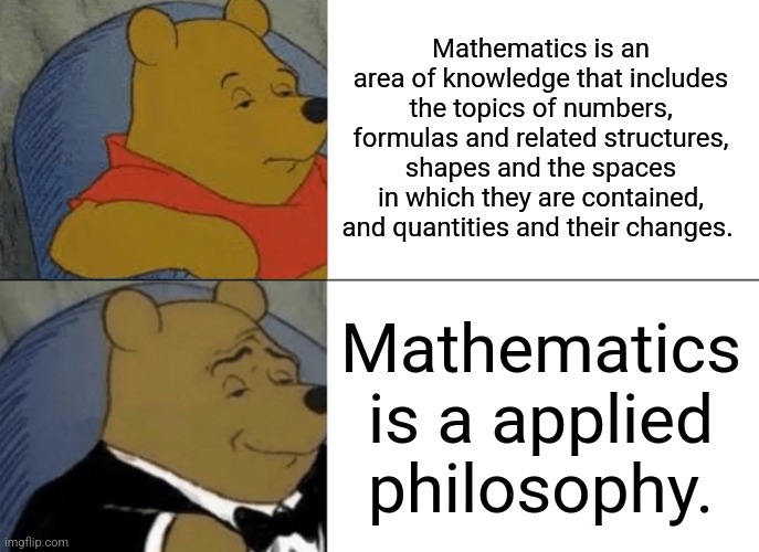 Tuxedo Winnie The Pooh Meme | Mathematics is an area of knowledge that includes the topics of numbers, formulas and related structures, shapes and the spaces in which they are contained, and quantities and their changes. Mathematics is a applied philosophy. | image tagged in memes,tuxedo winnie the pooh | made w/ Imgflip meme maker