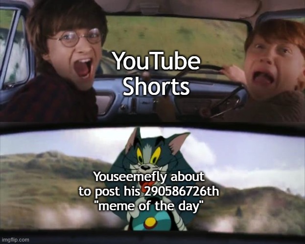 He's probably posting one right now. | YouTube Shorts; Youseemefly about to post his 290586726th "meme of the day" | image tagged in tom chasing harry and ron weasly | made w/ Imgflip meme maker