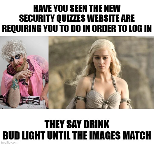 Security Challenge | HAVE YOU SEEN THE NEW SECURITY QUIZZES WEBSITE ARE REQUIRING YOU TO DO IN ORDER TO LOG IN; THEY SAY DRINK
BUD LIGHT UNTIL THE IMAGES MATCH | image tagged in memes,funny memes | made w/ Imgflip meme maker