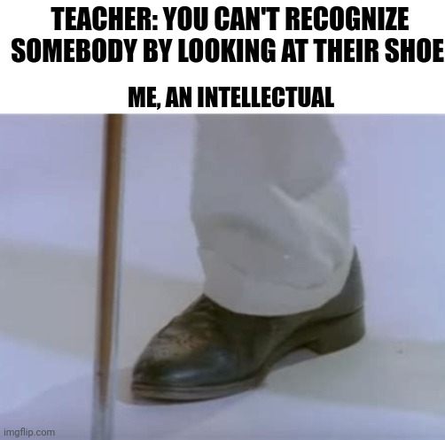 TEACHER: YOU CAN'T RECOGNIZE SOMEBODY BY LOOKING AT THEIR SHOE; ME, AN INTELLECTUAL | image tagged in never gonna,give you up,never gonna let you down,never gonna run around,and desert you | made w/ Imgflip meme maker