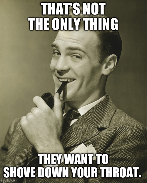 Smug | THAT’S NOT THE ONLY THING THEY WANT TO SHOVE DOWN YOUR THROAT. | image tagged in smug | made w/ Imgflip meme maker