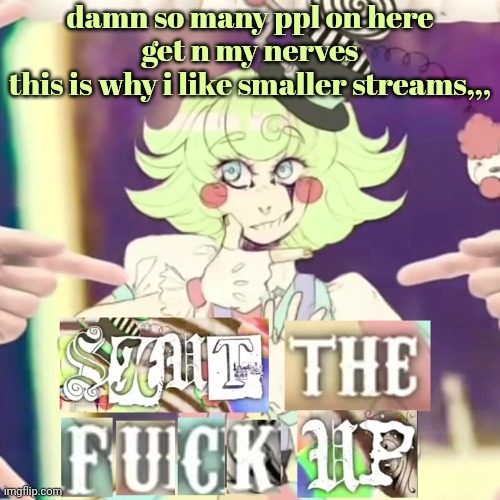 not here as in this stream like here as in the site | damn so many ppl on here get n my nerves
this is why i like smaller streams,,, | image tagged in stfu | made w/ Imgflip meme maker