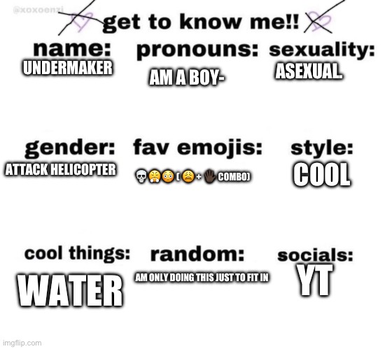 Chip | UNDERMAKER; ASEXUAL. AM A BOY-; COOL; ATTACK HELICOPTER; 💀😤😳 ( 😩 + 🖐🏿 COMBO); YT; AM ONLY DOING THIS JUST TO FIT IN; WATER | image tagged in get to know me | made w/ Imgflip meme maker