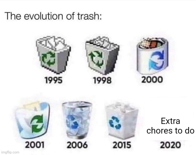 Extra chores | Extra chores to do | image tagged in the evolution of trash,blank white template,funny,memes,chores,chore | made w/ Imgflip meme maker