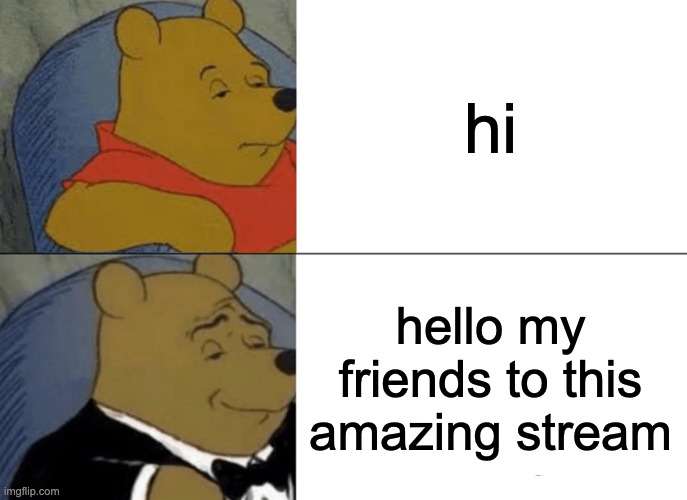 Le first meme in le stream | hi; hello my friends to this amazing stream | image tagged in memes,tuxedo winnie the pooh | made w/ Imgflip meme maker